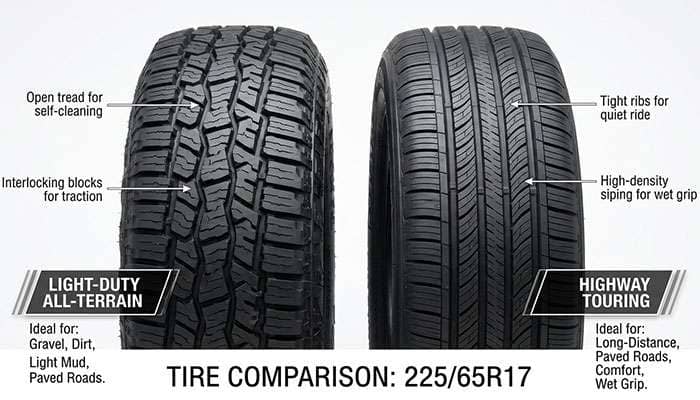 Side-by-side comparison of a light-duty all-terrain tire and a highway touring tire in 225/65R17