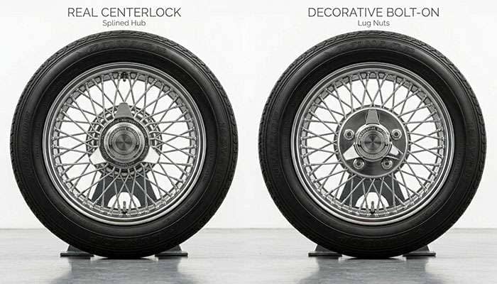 Side-by-side comparison of a real centerlock knockoff spinner and a decorative bolt-on spinner cap