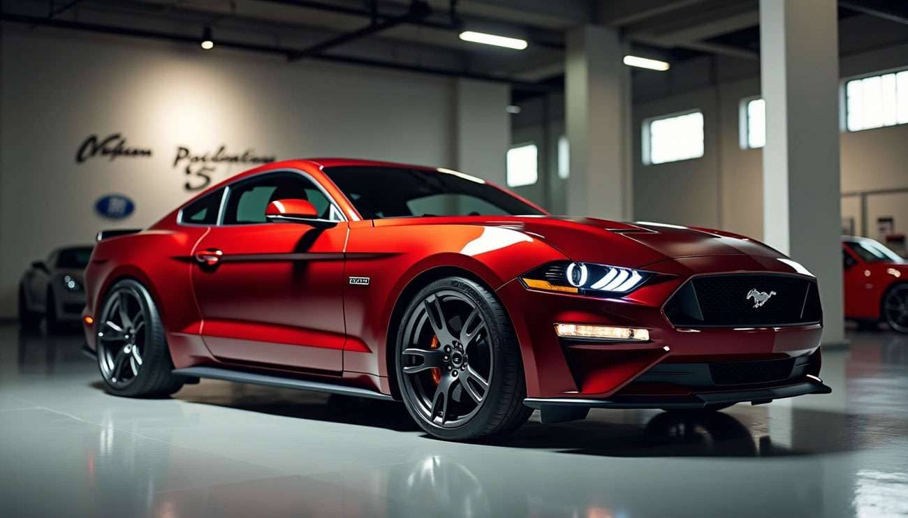 Red Ford Mustang with aftermarket black wheels showcased in a modern indoor showroom setting