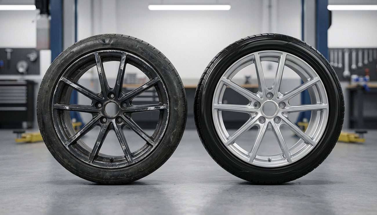 Two car rims side by side, one damaged and one new, in a garage setting highlighting repair versus replacement
