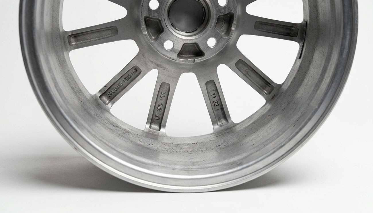 Back side of an aluminum replica wheel showing stamped load rating, JWL and VIA certification marks, and manufacture date