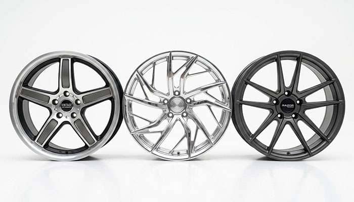 Three restomod wheel styles arranged together showing classic-inspired modern five-spoke, polished billet directional, and modern aggressive concave designs