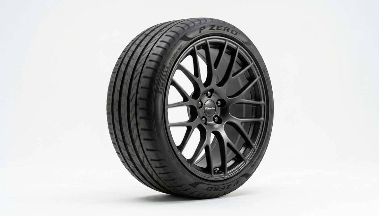 Performance tire shown mid-rotation illustrating revolutions per mile
