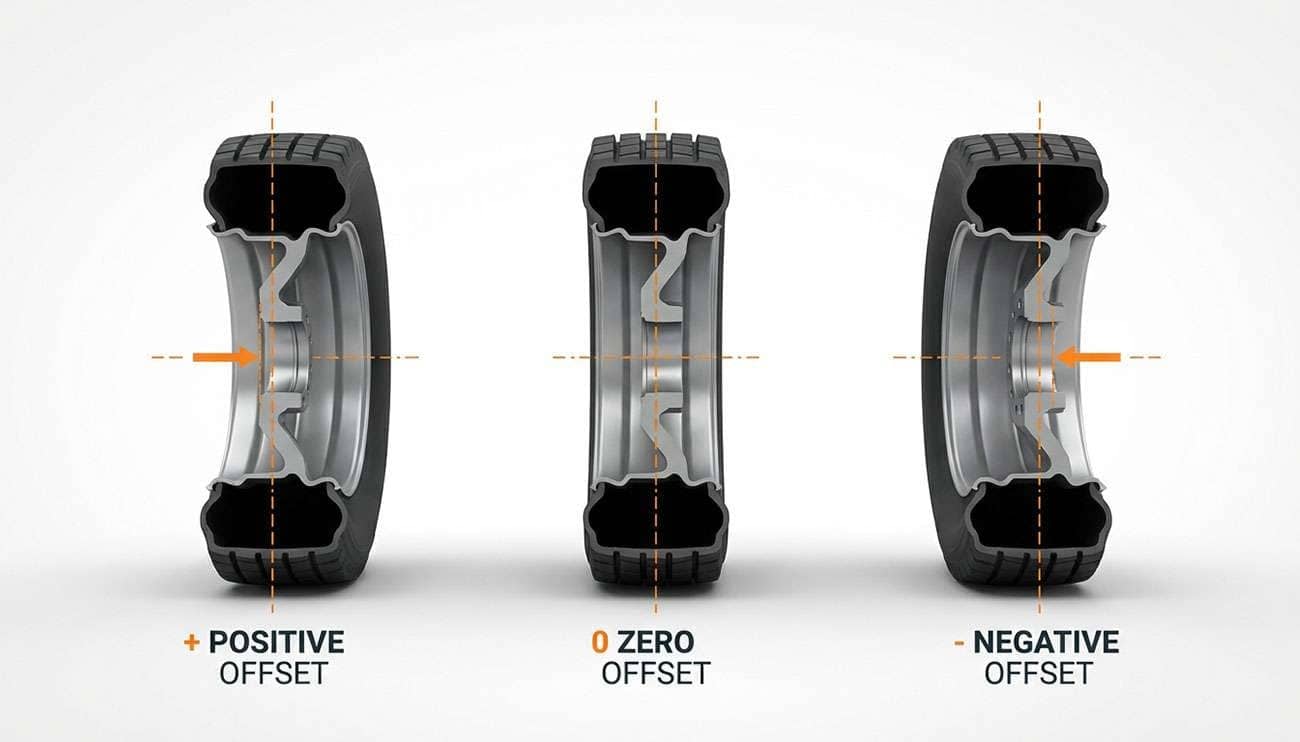 Diagram showing truck wheel positions illustrating positive, zero, and negative wheel offsets with orange dashed lines
