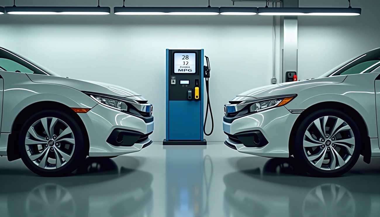 Two white cars with different rims face a gas pump displaying 28 and 17 MPG, highlighting rim impact on gas mileage