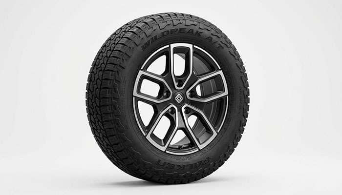 Rivian R1T/R1S 20-inch Precision Forged black and silver alloy wheel with Falken Wildpeak A/T tire
