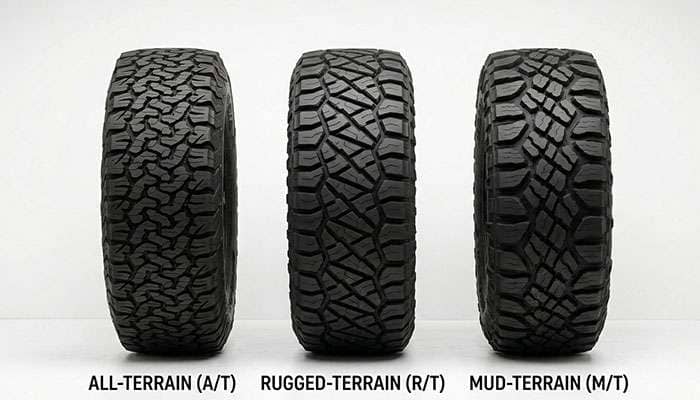 Side-by-side comparison of all-terrain rugged terrain and mud terrain tire tread patterns showing the differences in aggression and void spacing
