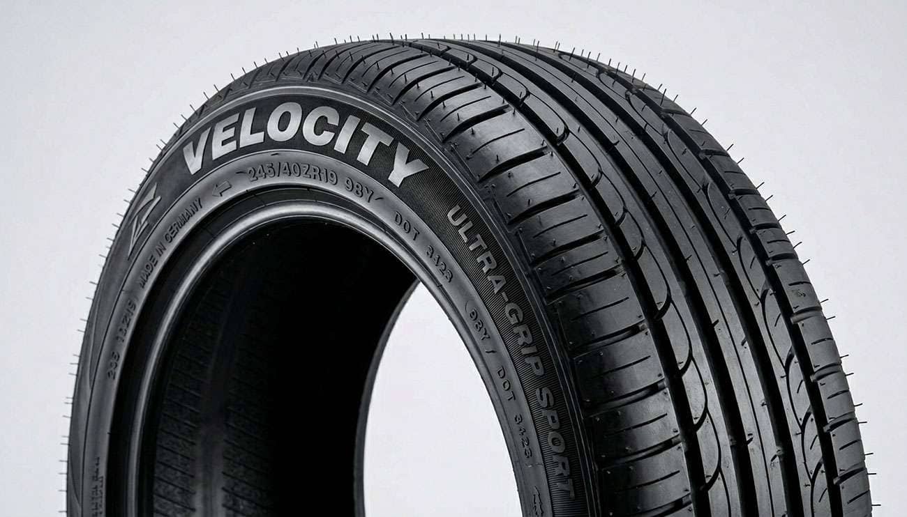 Close-up of a new tire sidewall covered in little rubber hairs known as vent spews on a white studio backdrop