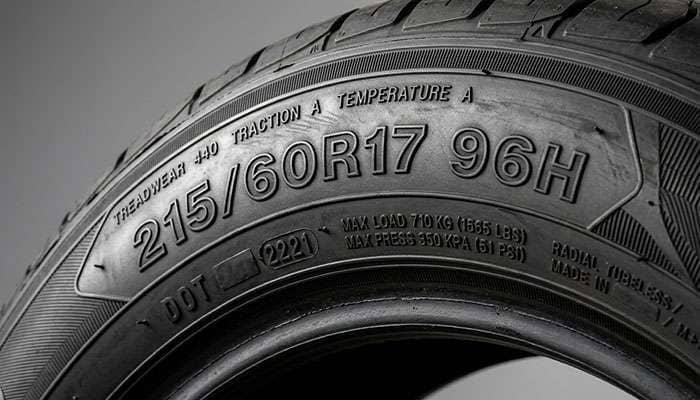 Detail of run-flat tire sidewall markings showing manufacturer designation symbols