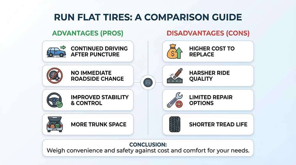 Infographic comparing 8 advantages and 9 disadvantages of run flat tires showing cost and comfort trade-offs
