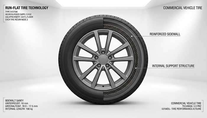 Run-flat tire showing reinforced sidewall construction in cutaway view