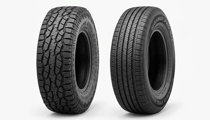 Two light truck tires of the same size side by side showing different load index markings on the sidewalls