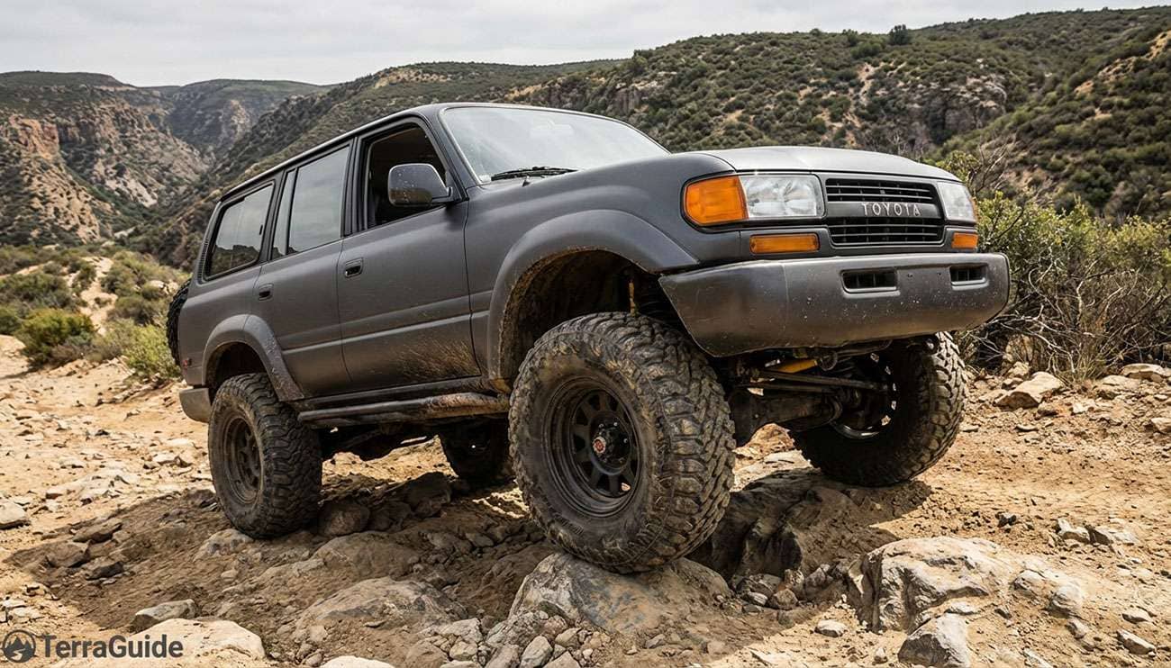 Off-road vehicle with aired-down tires navigating rocky trail terrain showing tire conformity and traction