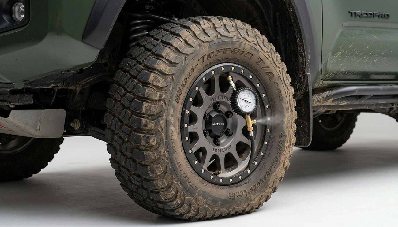 Off-road tire being deflated with a tire pressure gauge attached to the valve stem on a four-wheel-drive truck