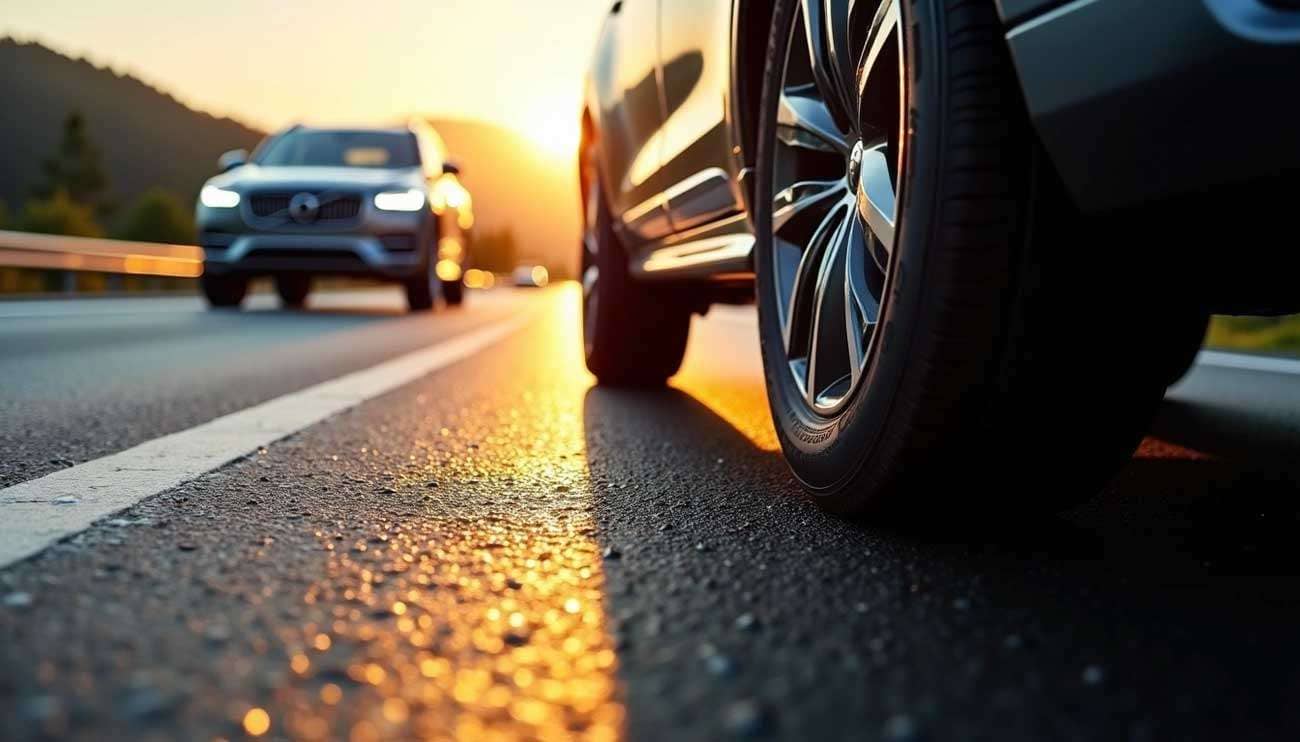 Close-up of an SUV tire on a highway with another SUV approaching at sunset, highlighting quiet tire performance