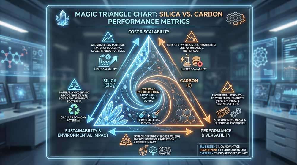 Magic triangle chart comparing performance metrics between silica and carbon materials
