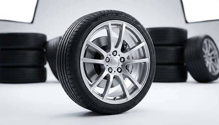 Close-up of a silver car rim and tire with blurred stacks of tires in the background