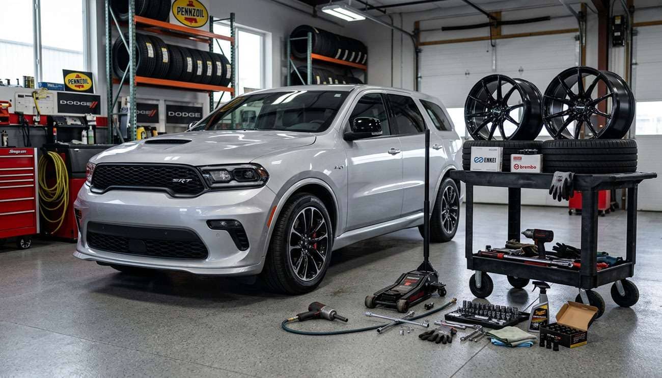 Silver Dodge Durango in a garage next to a cart with four aftermarket wheels and automotive tools on the floor.