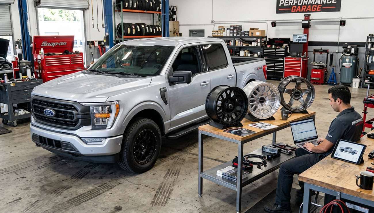 Silver Ford truck in a garage with three custom wheels on a table and a man using a laptop and tablet nearby