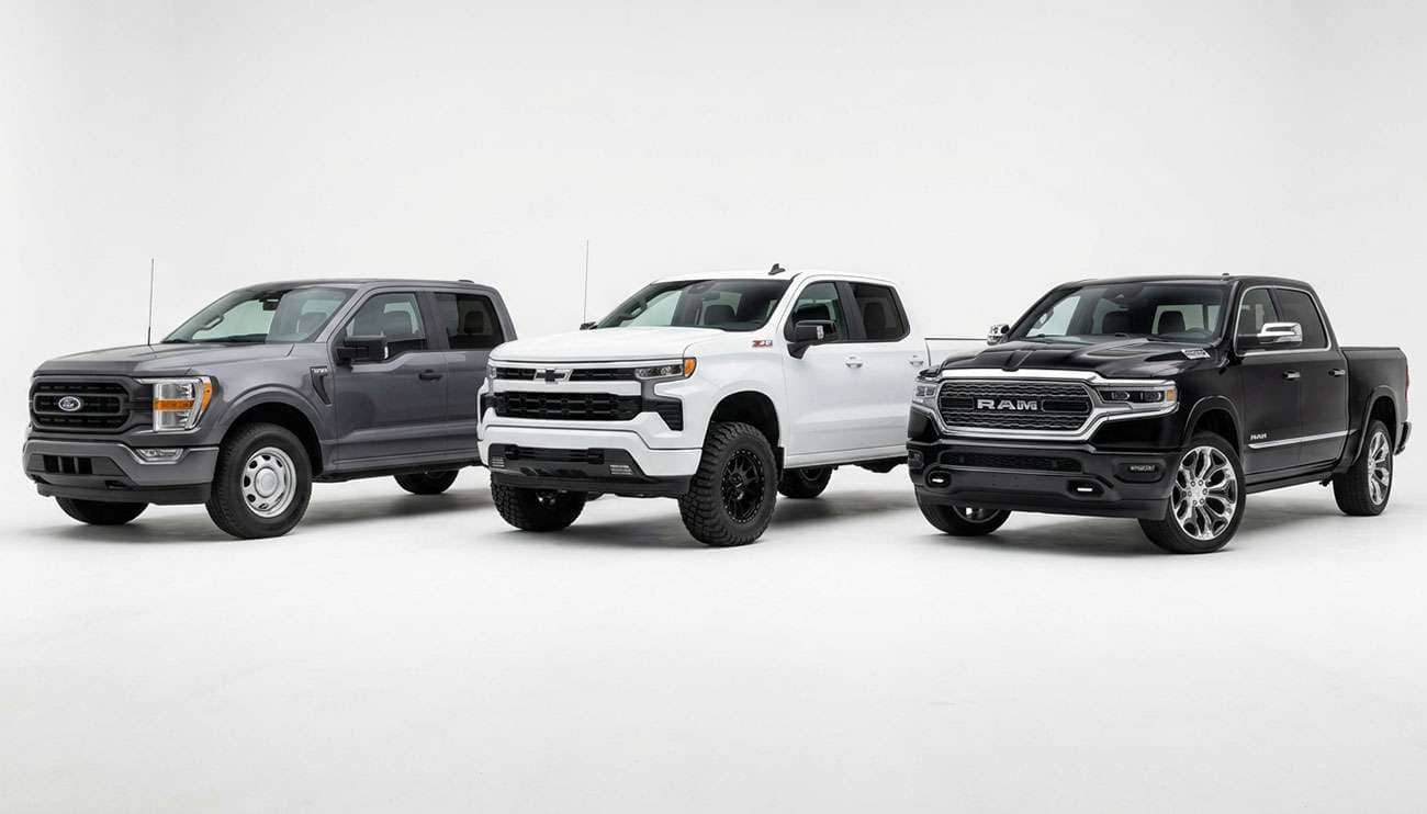 Silverado 1500 tire size by trim shown on three pickups with 17-inch, 18-inch off-road, and 22-inch wheels