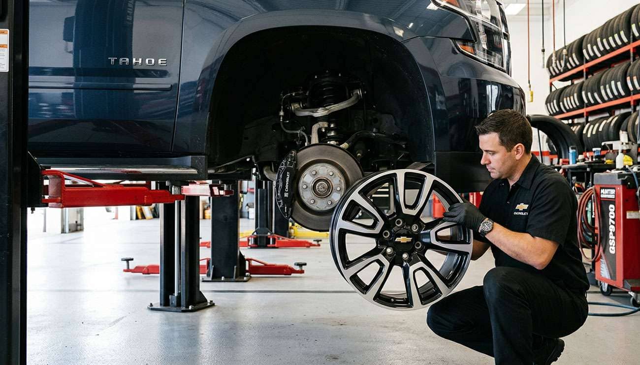 Chevy Silverado 20-inch alloy wheel being test-fitted on the front hub of a Chevy Tahoe in a tire shop