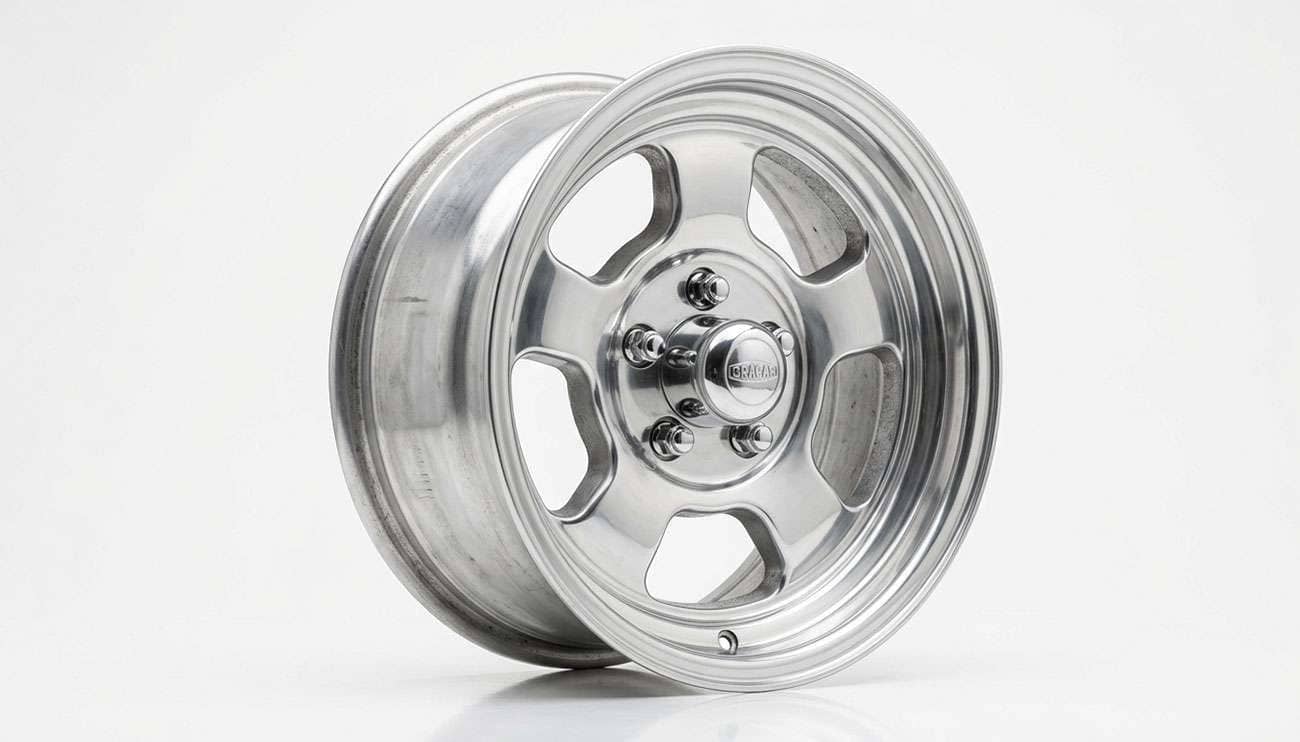Polished five-slot mag wheel on a classic hot rod