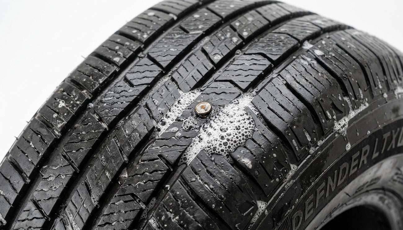 car tire tread sprayed with soapy water showing a cluster of bubbles forming at a nail puncture revealing a slow leak