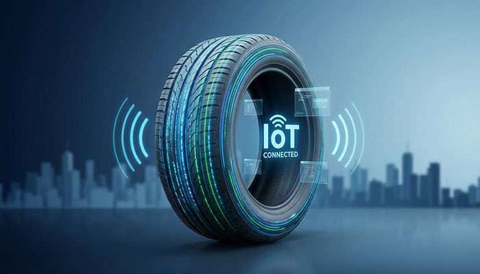 Smart tire technology with IoT connectivity and data transmission featuring a digital globe and signal waves in a cityscape background