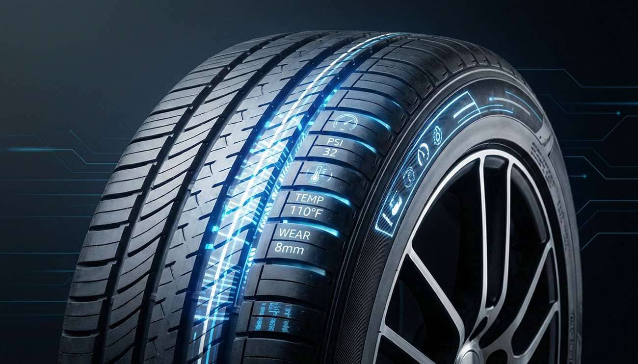 Close-up of a modern car tire with smart technology indicators glowing on the tread in a dark setting