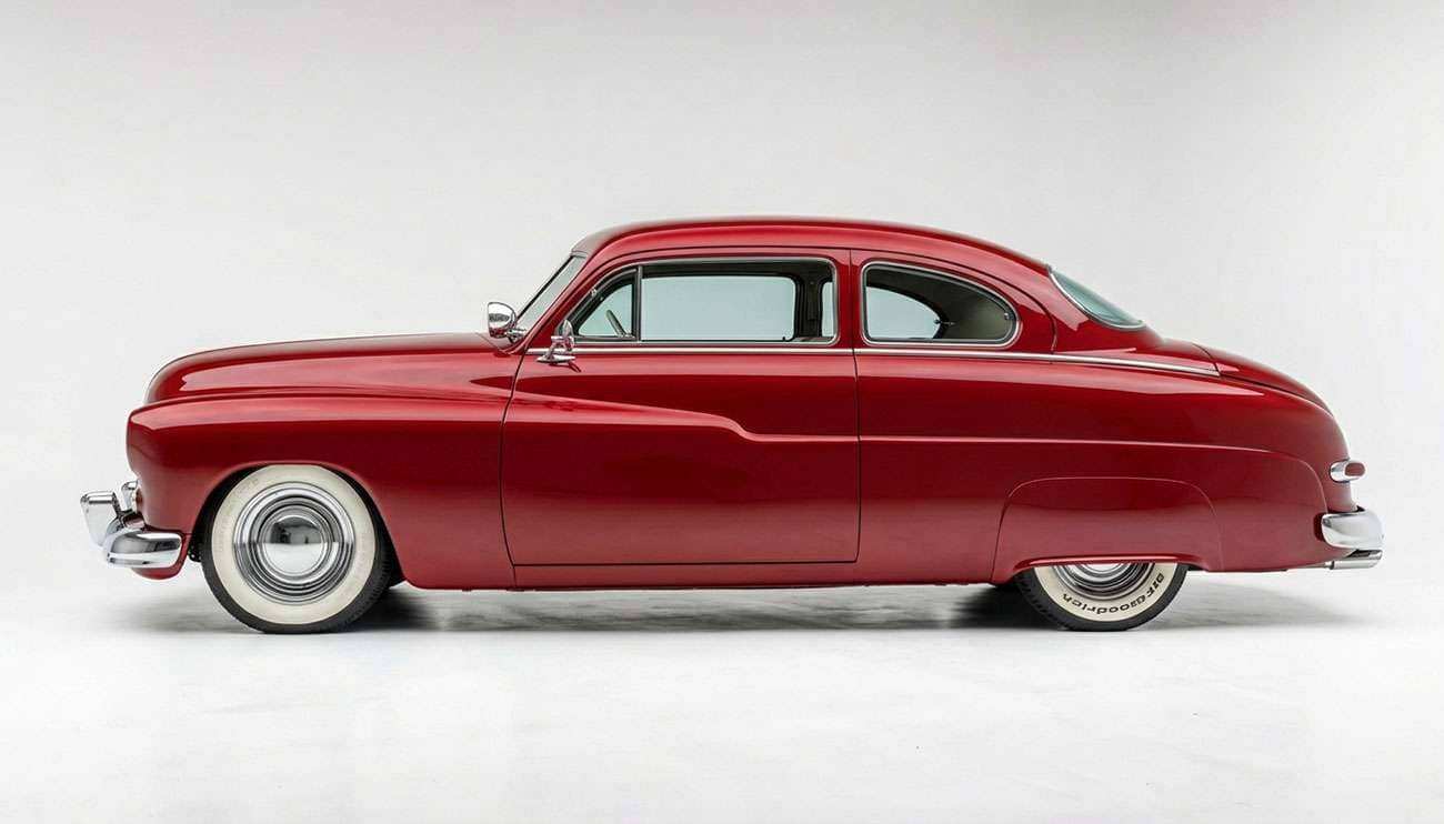 Classic custom car on chrome smoothie wheels with baby moon caps and whitewall tires, studio product photo