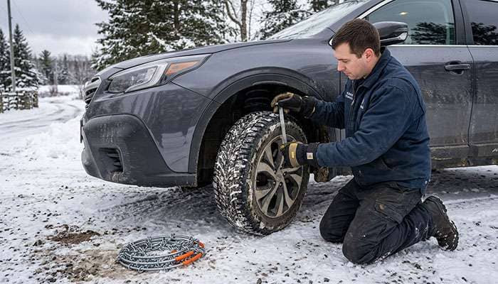 Technician checking the clearance between a tire and the suspension and fender liner before installing snow chains on an AWD crossover