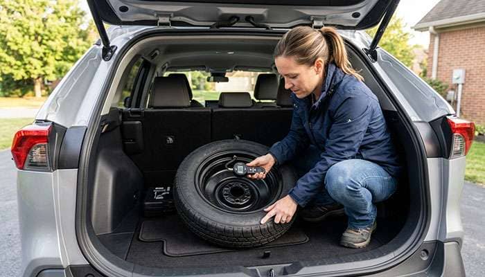 person checking spare tire pressure with a gauge and inspecting the sidewall DOT date code to verify age and condition