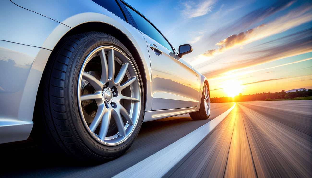 Performance sedan on a test track with motion blur and a stylized speed gauge—tire speed rating selector hero