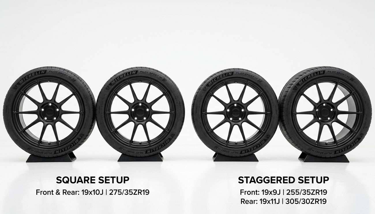 Square wheel setup with equal-width wheels beside a staggered setup with a wider rear wheel on a white studio backdrop
