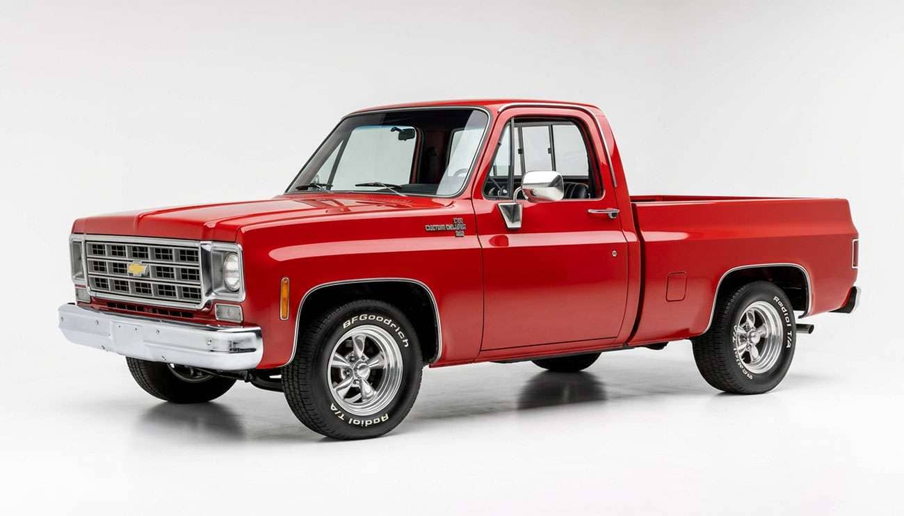 Chevy squarebody C10 pickup on classic five-spoke wheels, studio product photo