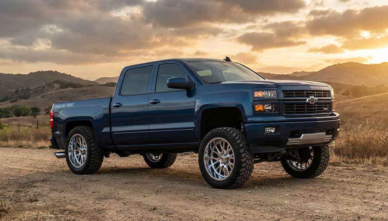 Squatted pickup truck with dramatically raised front end and lowered rear displaying the Carolina Squat modification style