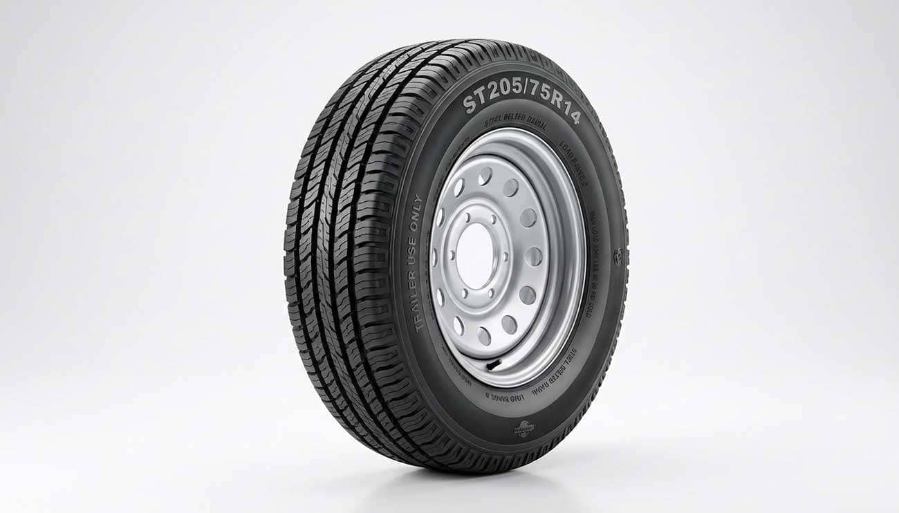 ST205/75R14 steel belted radial trailer tire with labeled features and specifications diagram
