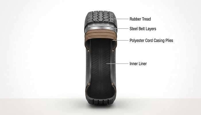 Diagram of ST205/75R14 trailer tire with labeled parts including load range max weight and tire construction