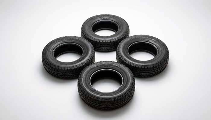 Set of four black ST205/75R14 8-ply load range D trailer tires with steel belted radial tread pattern