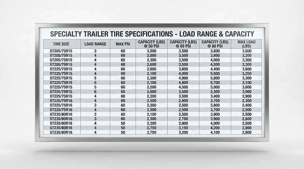 Chart listing specialty trailer tire sizes, load ranges, and single and dual load ratings at specific PSI levels