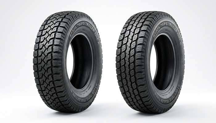 Diagram of a Goodyear trailer tire showing labeled parts including date code, ply rating, max weight capacity, and tire construction details