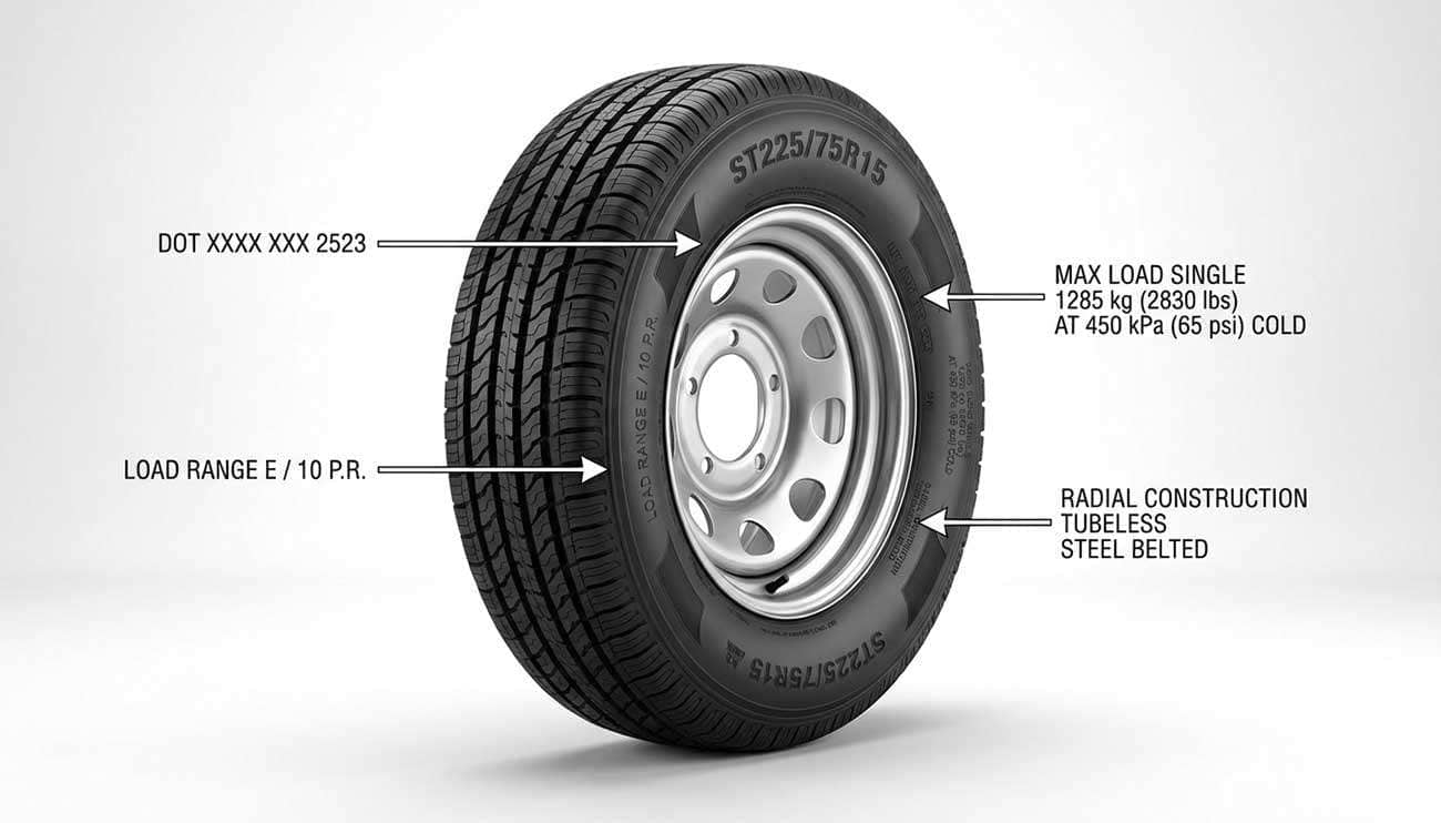 Diagram of a Goodyear trailer tire showing labeled parts including date code, ply rating, max weight capacity, and tire construction details