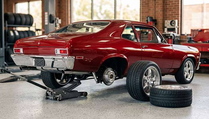 Classic muscle car with wide rear tires being replaced while narrower front tires stay on the car
