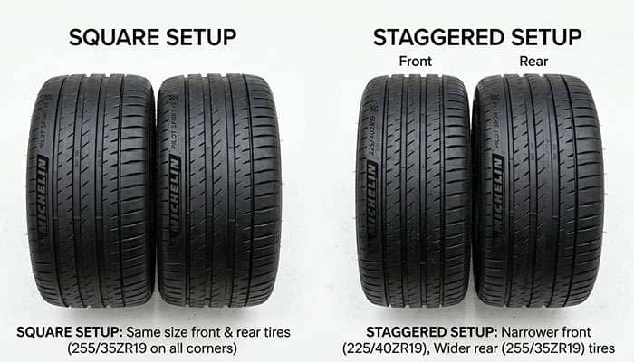Top-down view of two wheel and tire setups side by side showing staggered with wider rears versus square with equal sizes all around