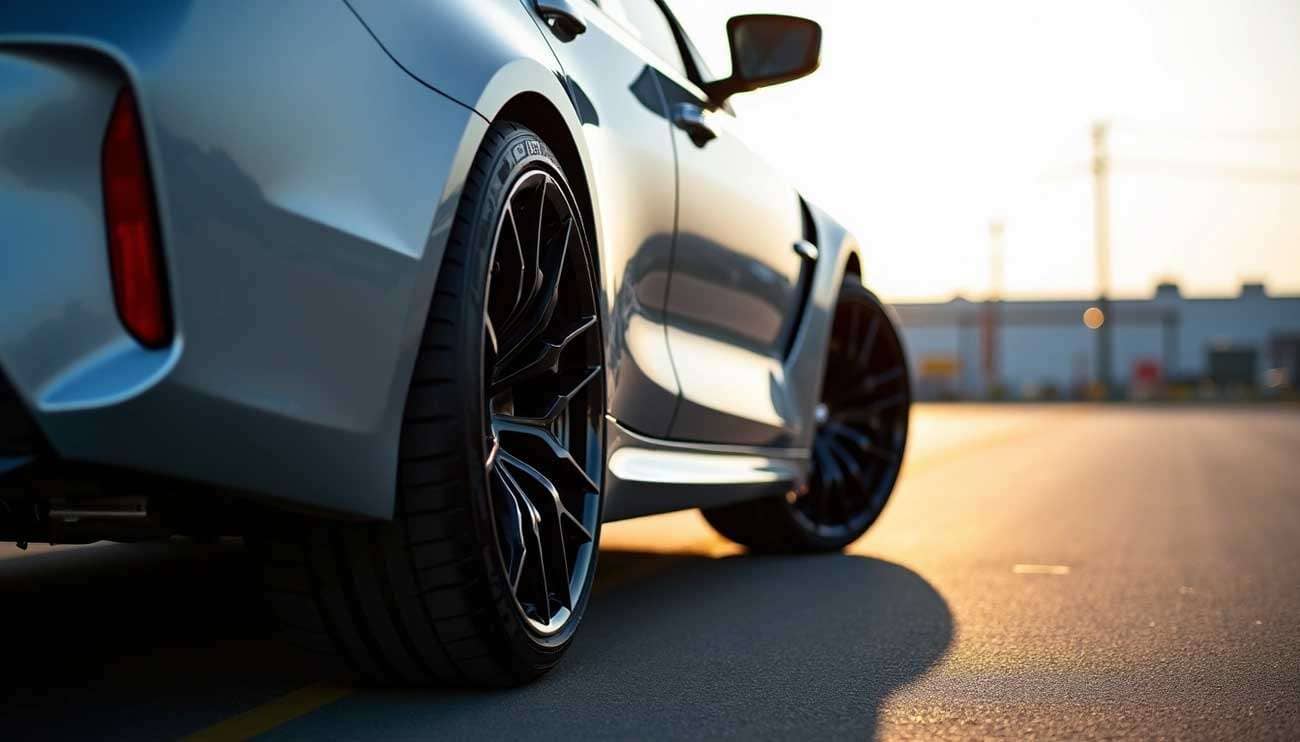 Close-up of a car with staggered black wheels parked on a sunlit street at sunset