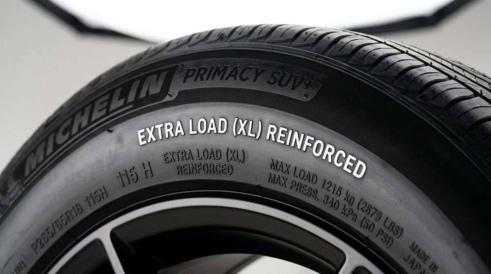 tire sidewall showing Extra Load XL reinforced marking alongside load index and maximum pressure rating