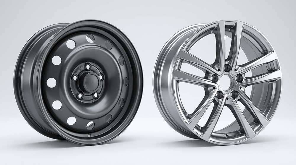 Side-by-side comparison of Volkswagen alloy wheel and steel wheel highlighting design differences and performance options