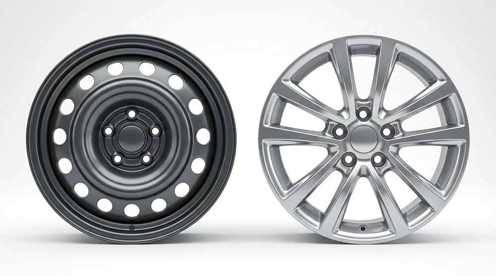 Steel wheel and alloy wheel comparison showing construction and design differences