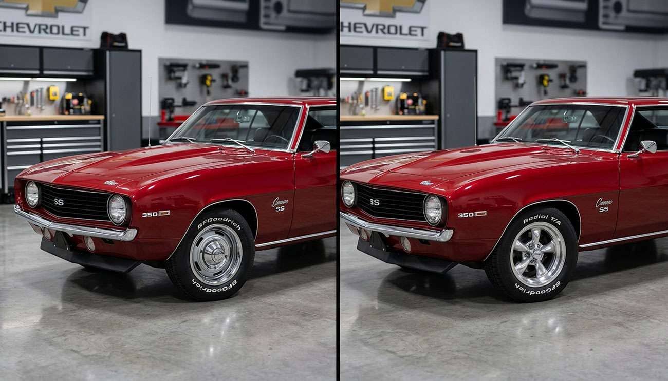 Classic car with steel wheels next to aluminum wheels showing material comparison