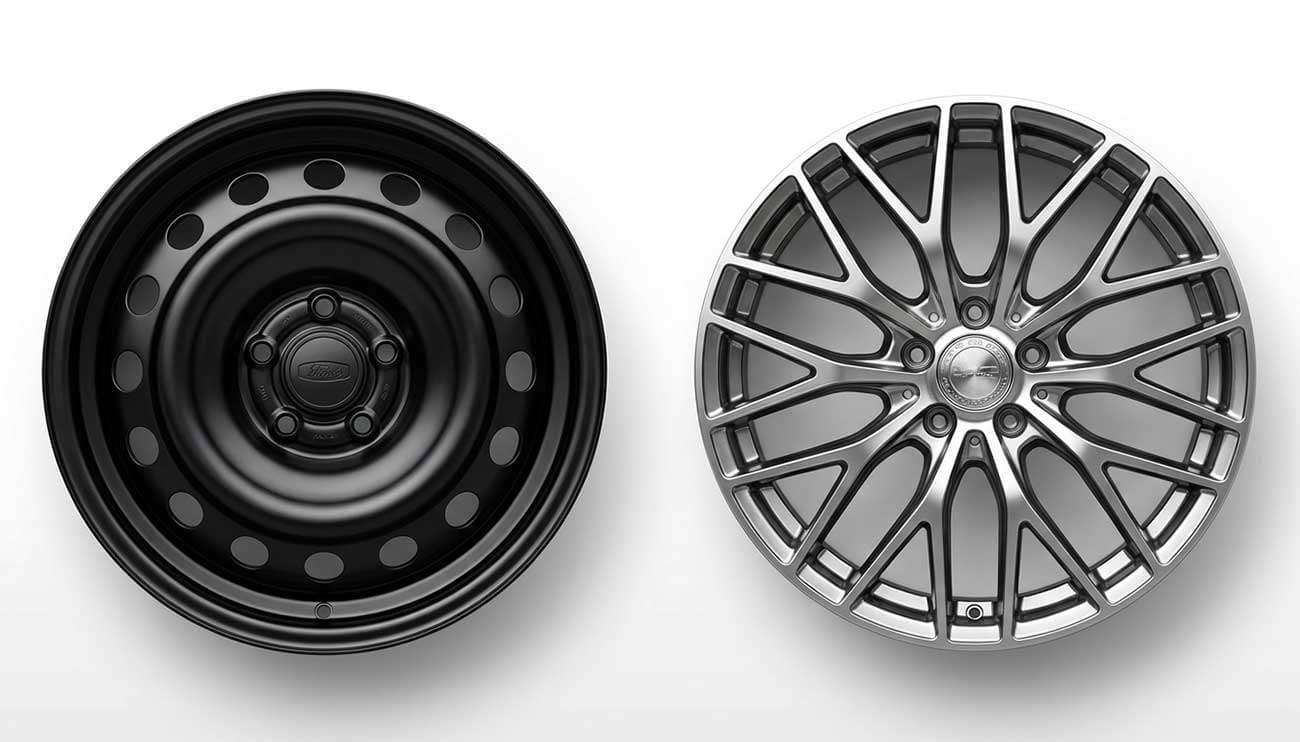 Close-up comparison of a simple steel wheel on the left and a detailed alloy wheel on the right, both with Volkswagen logos